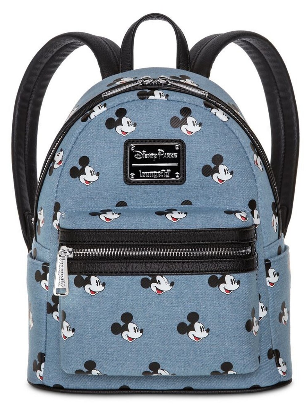 Disney Parks Loungefly Mickey Mouse Face Patterned Denim Backpack Leather Straps